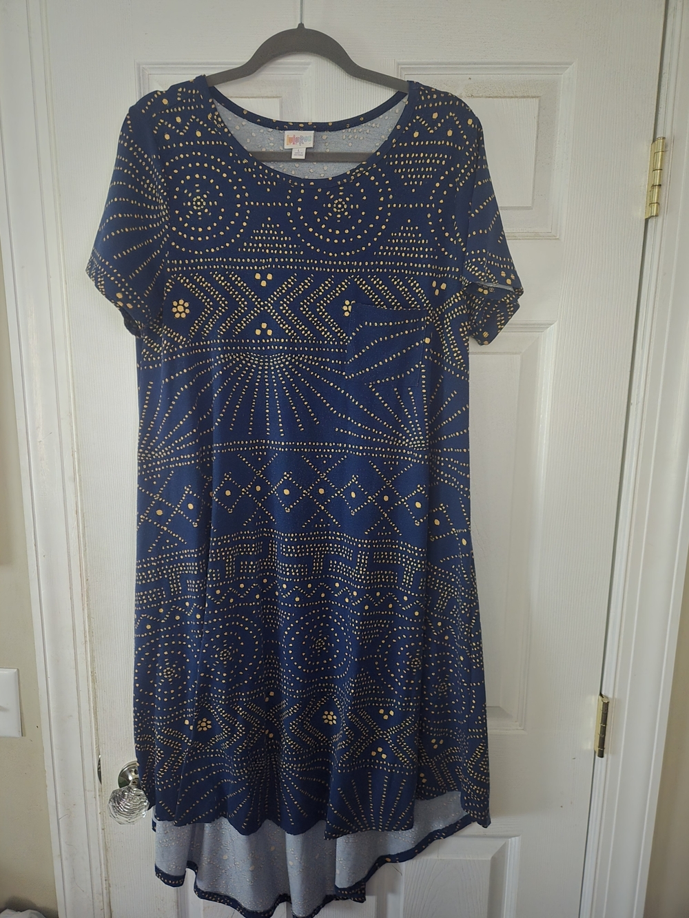 LulaRoe Navy Blue Short Sleeve Shift Dress with Art Deco Gold Dot Pattern
